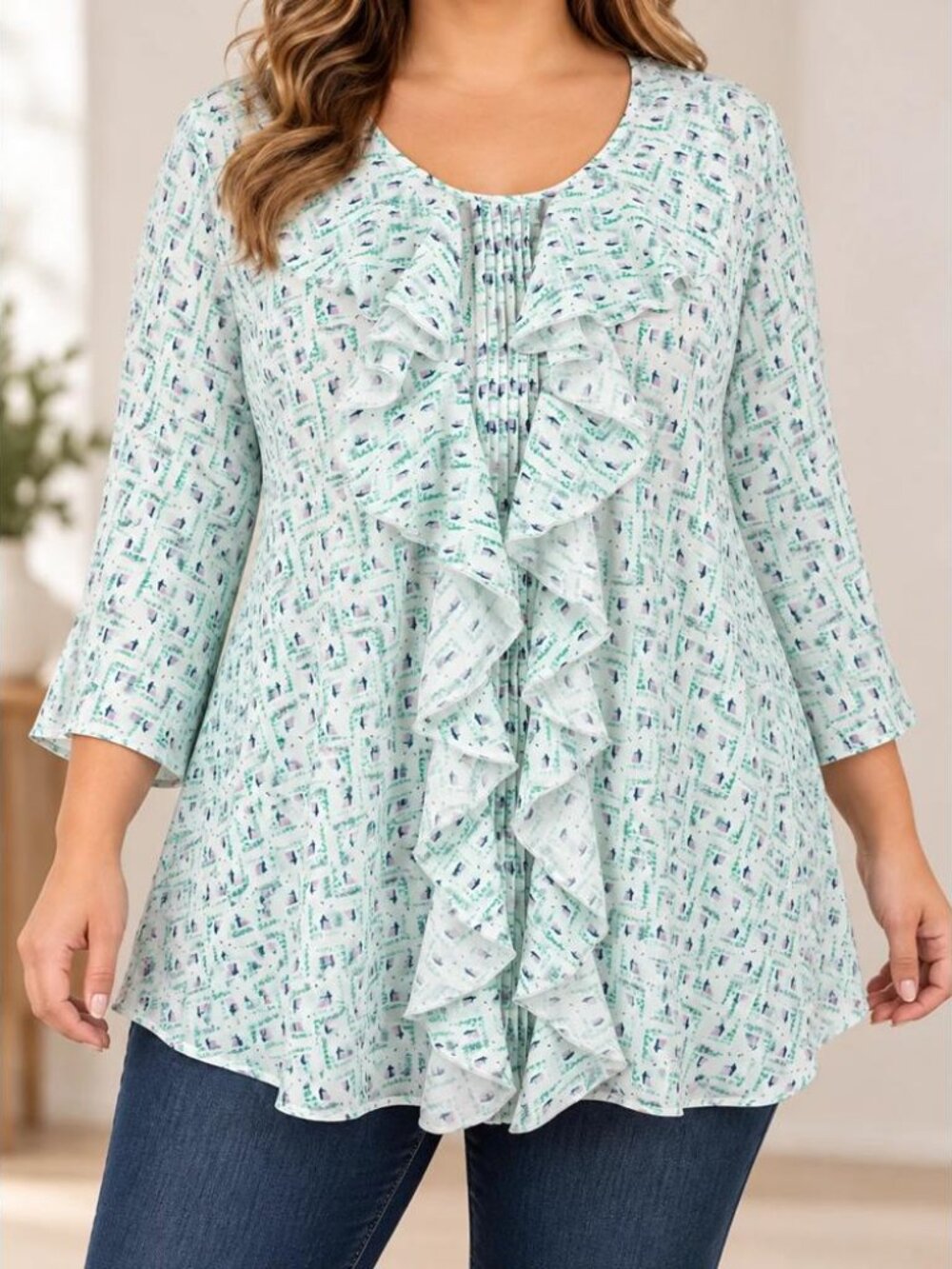 Melissa McCarthy Seven7 Womens 1X Aqua Geometric Ruffle Blouse 3/4 Sleeve